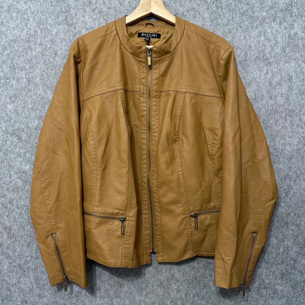 Baccini Womens 2X Faux Leather Moto Jacket Tan Brown Full Zip Biker Coat